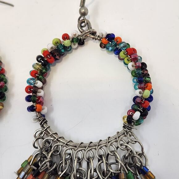 Sassy Jones Seed Bead Dangle Hook Fringe Earrings Silver Tone Statement Jewelry - Picture 3 of 5